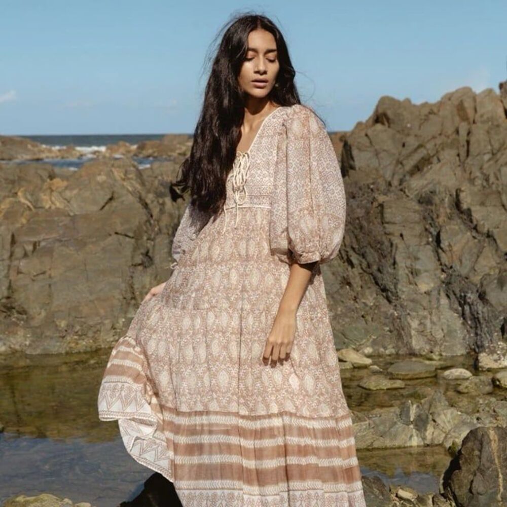 Daughters of India Jasmine Midi Dress Neutral Boho Prairie Coastal Cotton Med